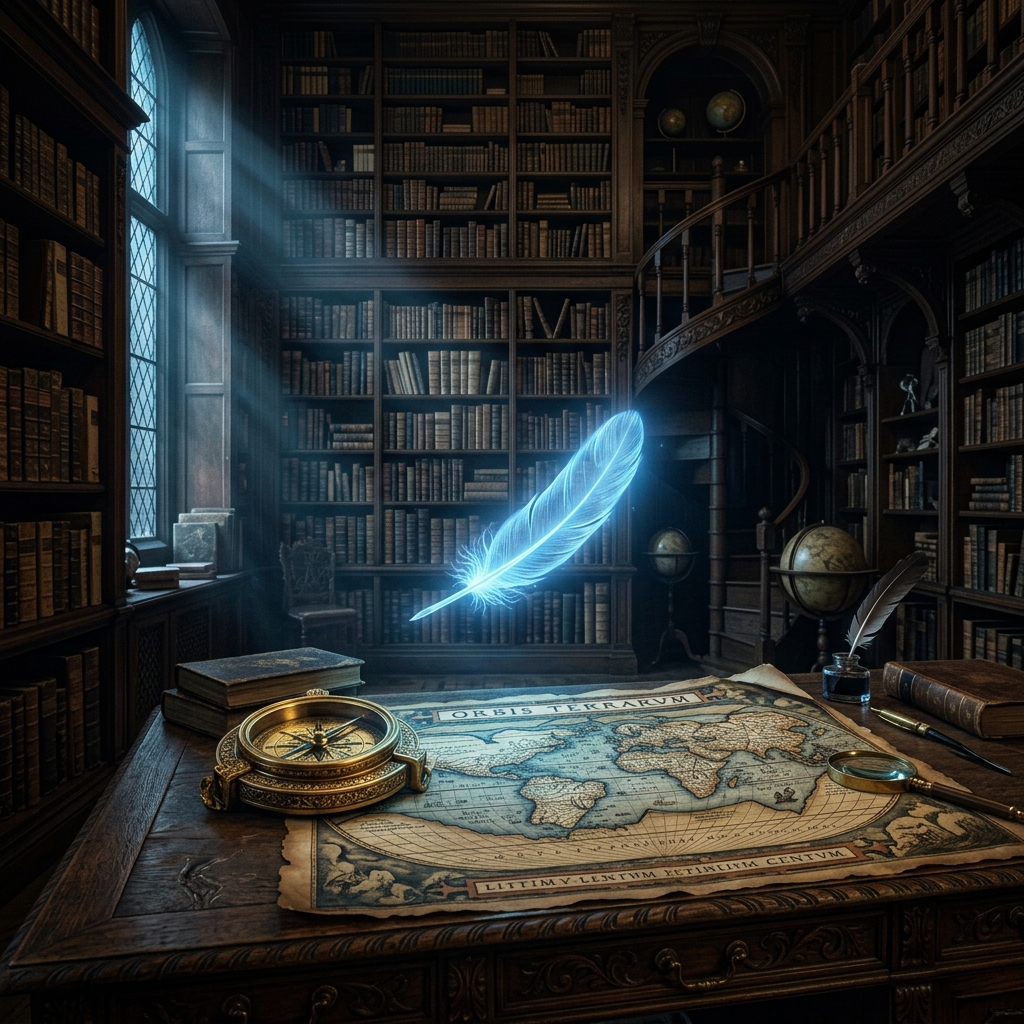Candlelit private library of dark oak